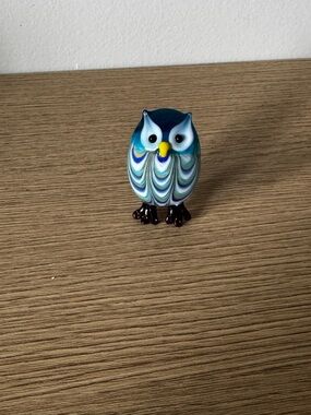 Blue Blown Glass Owl Figurine Decorative Bird Accent